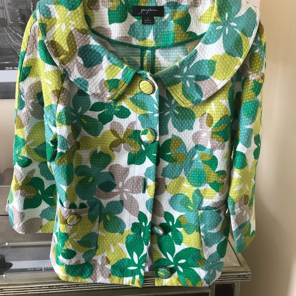 Cropped jacket/blazer vintage 60s style, Josephine, 100%cotton, greens, floral